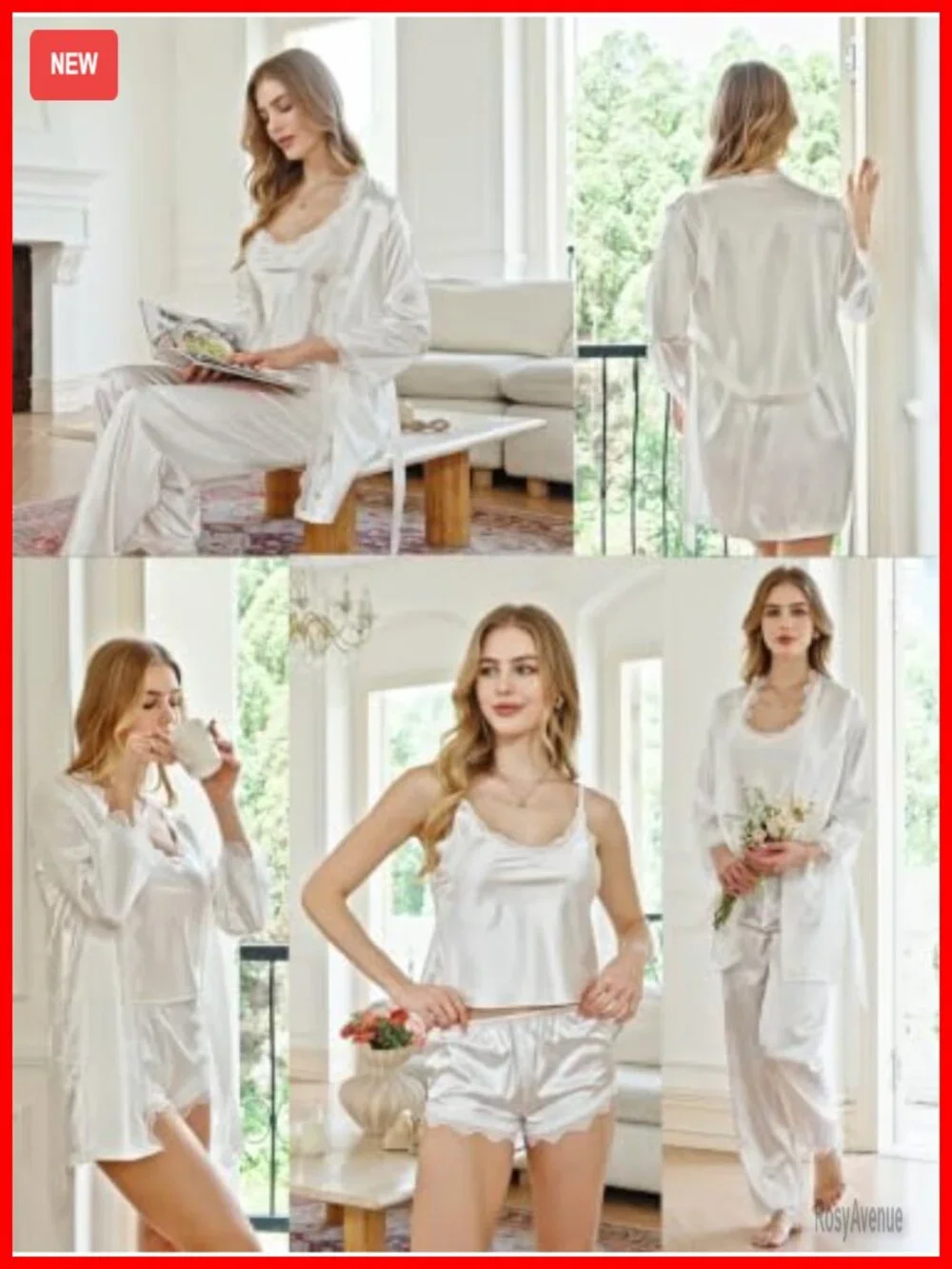 Satin pajama set includes robe cami shorts pants lounge sleepwear gift